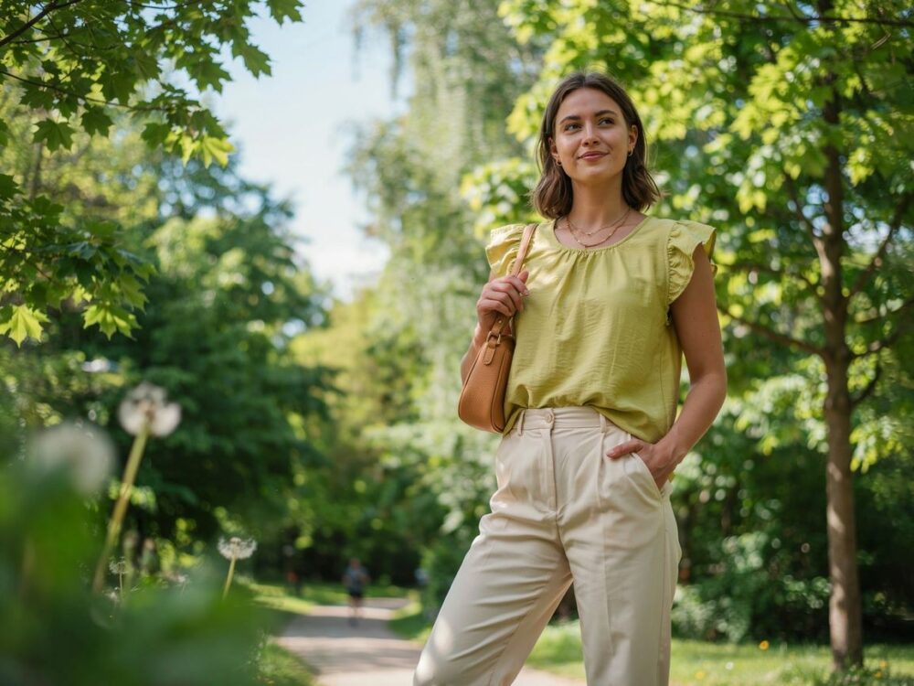 stylizacja z limonkową bluzką i jeansami